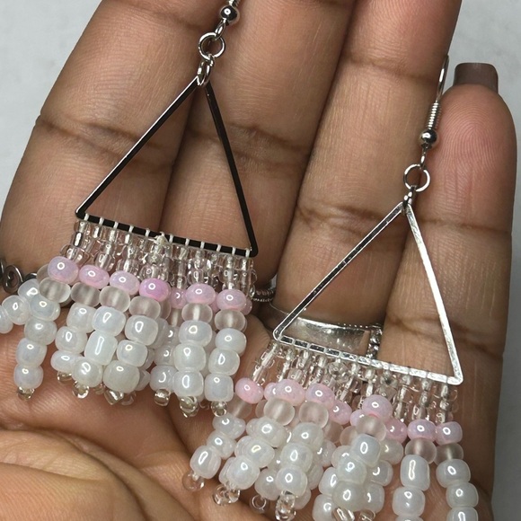 Chic Silver and Pink Beaded Dangle Earrings - Picture 2 of 3